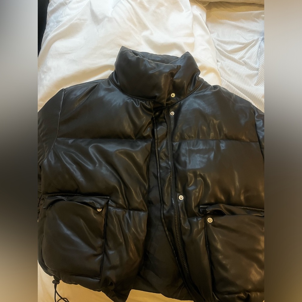 Misguided Black Leather Puffer Jacket